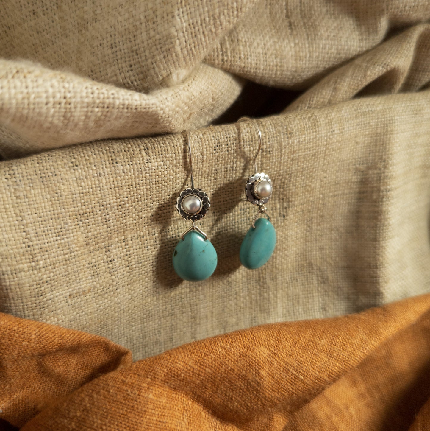 Turquoise Drop Earrings - Pearl and Silver Wire Earrings | Handmade Silver Jewellery