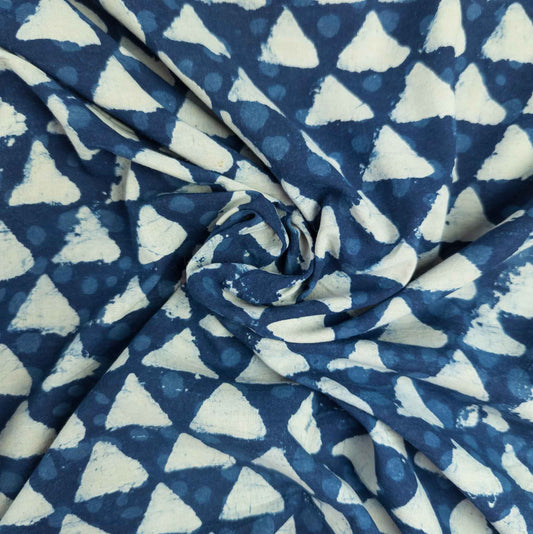 Indian Dabu Cotton - Indigo Triangles | Block Print Fabric | 112cm Wide