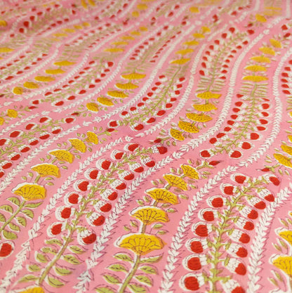 Pink Block Print Fabric - Indian Floral Motif | 100% Cotton | 112cm Wide