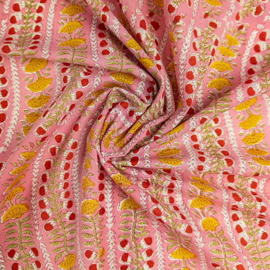 Pink Block Print Fabric - Indian Floral Motif | 100% Cotton | 112cm Wide