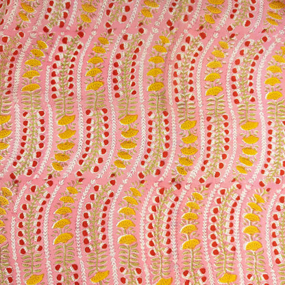 Pink Block Print Fabric - Indian Floral Motif | 100% Cotton | 112cm Wide