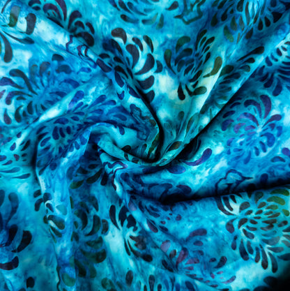 Modern Batik Fabric - Blue Floral Print - Cotton Batik By The Metre