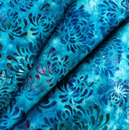 Modern Batik Fabric - Blue Floral Print - Cotton Batik By The Metre