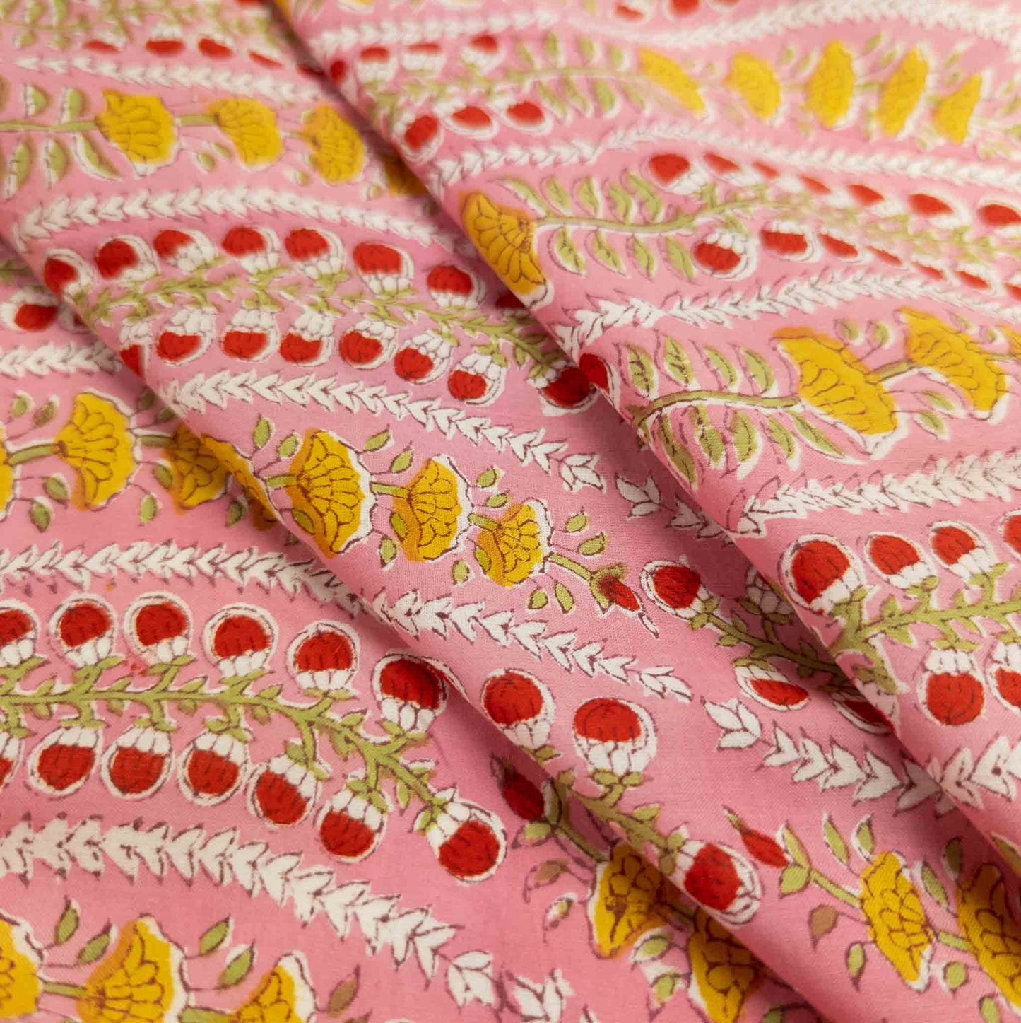 Pink Block Print Fabric - Indian Floral Motif | 100% Cotton | 112cm Wide